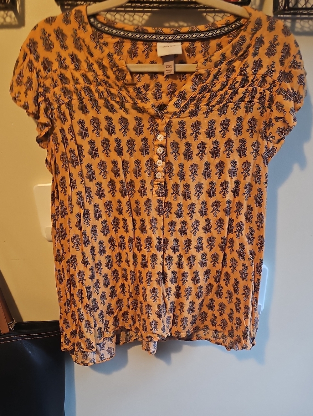 Knox Rose Mustard Short Sleeve Button Front Top with Navy Floral Print